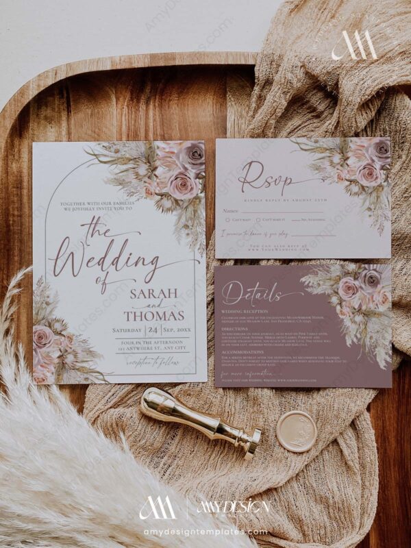 Bohemian Pink Mauve Wedding Invitation Template | Rustic Boho Wedding Suite | Dusty Roses Pampas