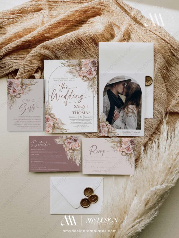Bohemian Pink Mauve Wedding Invitation Template | Rustic Boho Wedding Suite | Dusty Roses Pampas Bohemian Pink Mauve Wedding Invitation Template | Rustic Boho Wedding Suite | Dusty Roses Pampas