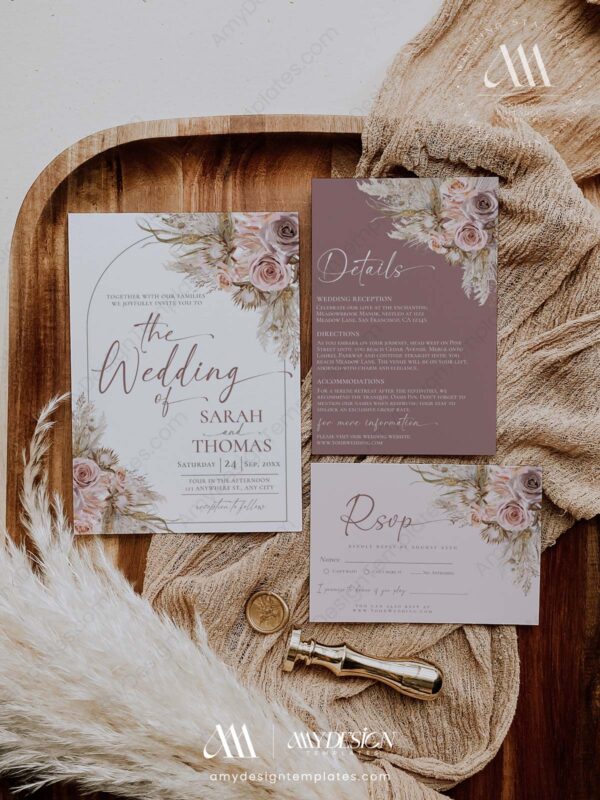 Bohemian Pink Mauve Wedding Invitation Template | Rustic Boho Wedding Suite | Dusty Roses Pampas