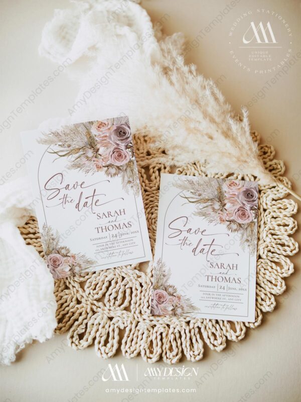 Pink Bohemian Wedding Save The Date Card Template with Photo D012