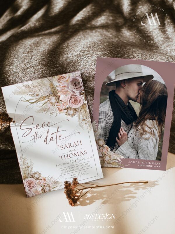 Pink Bohemian Wedding Save The Date Card Template with Photo D012