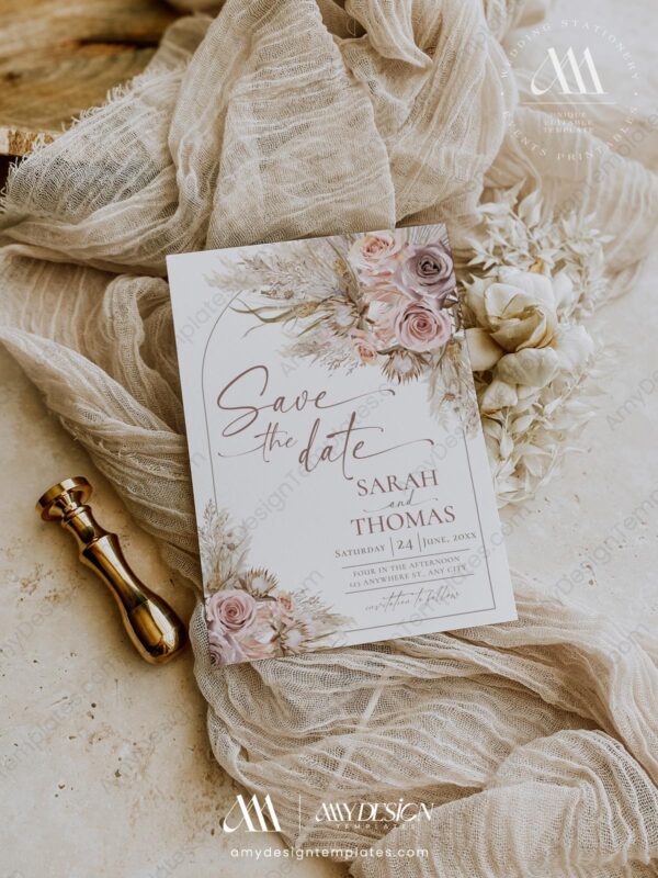 Pink Bohemian Wedding Save The Date Card Template with Photo D012