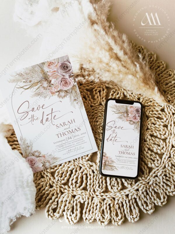 Pink Bohemian Wedding Save The Date Card Template with Photo D012