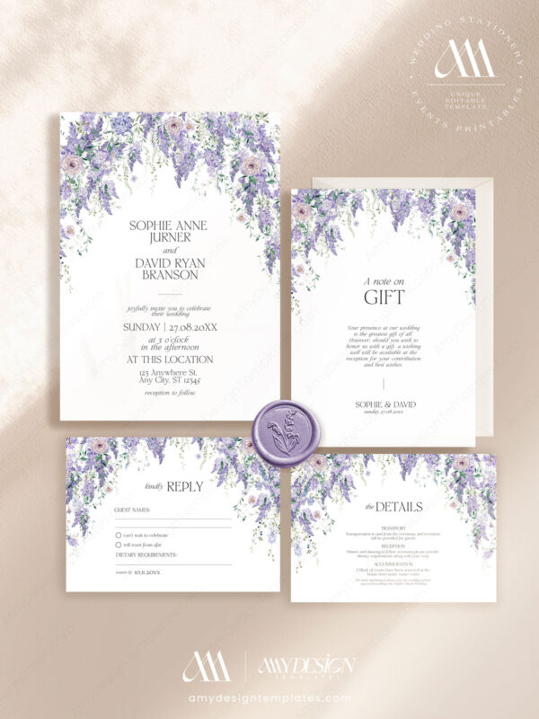 Wisteria Wedding Invitation Suite | Purple Floral Wedding Set Template Wisteria Wedding Invitation Suite | Purple Floral Wedding Set Template