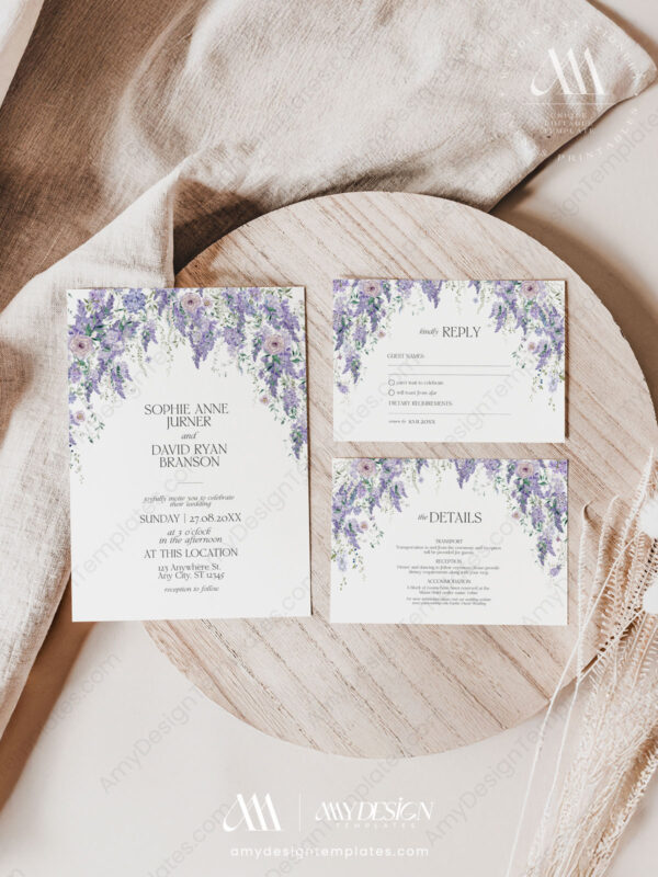 Wisteria Wedding Invitation Suite | Purple Floral Wedding Set Template