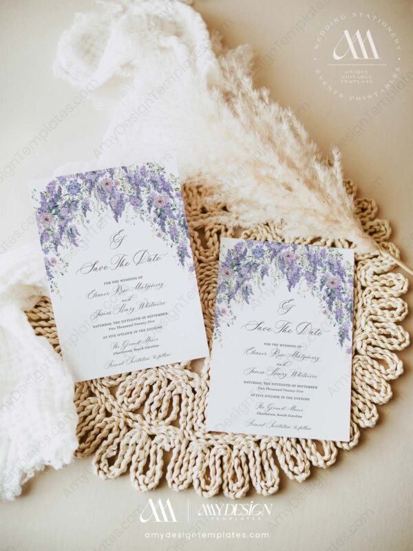 Wisteria Wedding Save The Date Template with Photo | Purple Spring Save the Date Cards Wisteria Wedding Save The Date Template with Photo D014