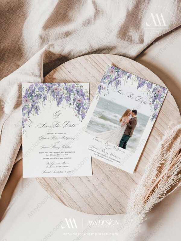 Wisteria Wedding Save The Date Template with Photo | Purple Spring Save the Date Cards Wisteria Wedding Save The Date Template with Photo D014
