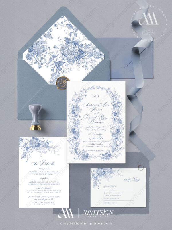 Monogram Wedding Invitation Template Suite | Blue Wedding Invitation Card | Vintage Blue Floral