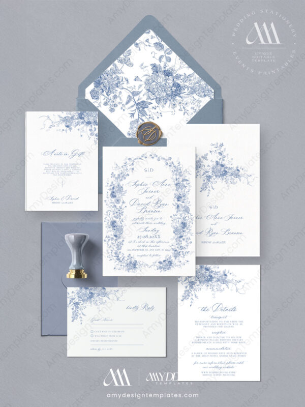 Monogram Wedding Sign Template Bundle | Blue French Toile Reception Signs Printable Monogram Wedding Invitation Template Suite | Blue Wedding Invitation Card | Vintage Blue Floral