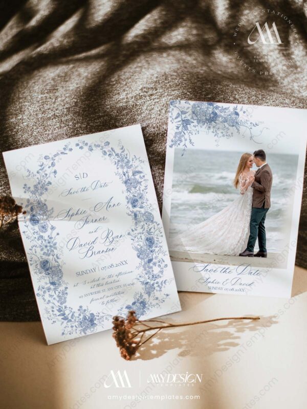 Blue Monogram Save The Date Template | Vintage Save Our Date Cards Printable D015-2A