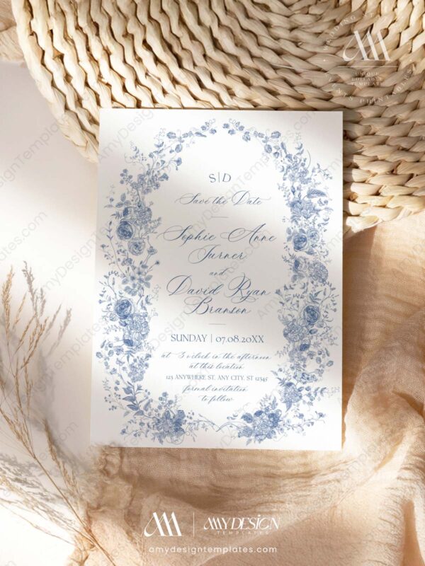 Blue Monogram Save The Date Template | Vintage Save Our Date Cards Printable D015-2A
