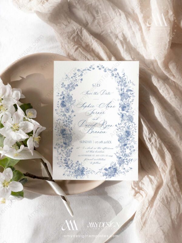 Blue Monogram Save The Date Template | Vintage Save Our Date Cards Printable D015-2A