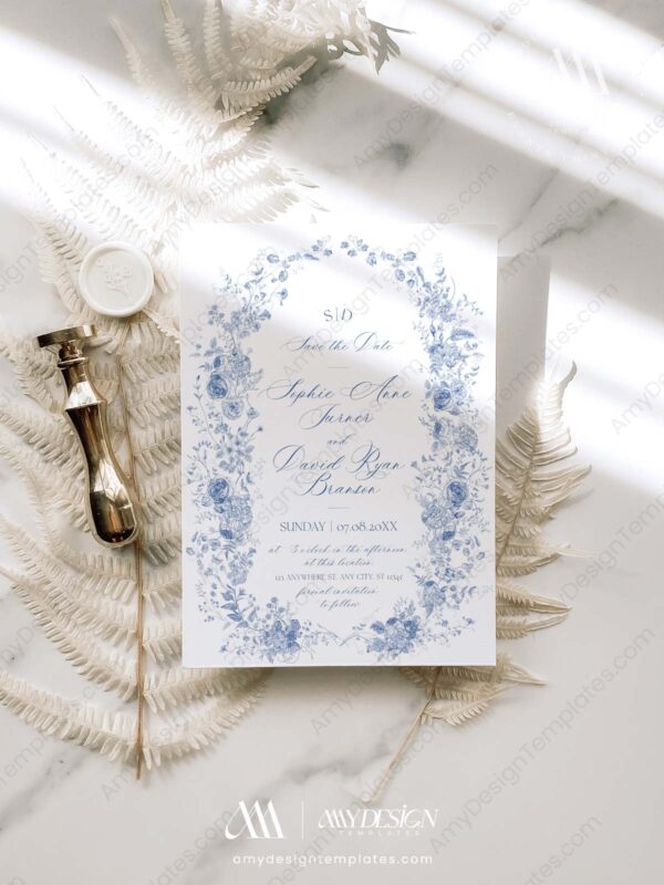 Blue Monogram Save The Date Template | Vintage Save Our Date Cards Printable D015-2A