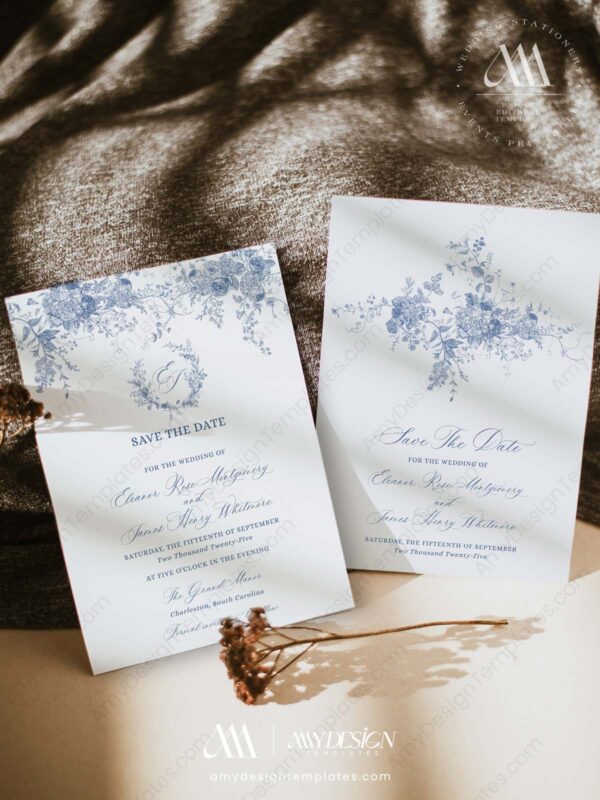 Minimalist Save The Date Template | Blue Monogram Save The Date Cards Printable D015-2C