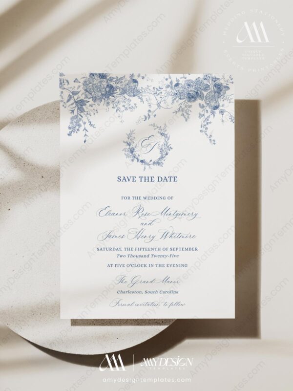 Minimalist Save The Date Template | Blue Monogram Save The Date Cards Printable D015-2C