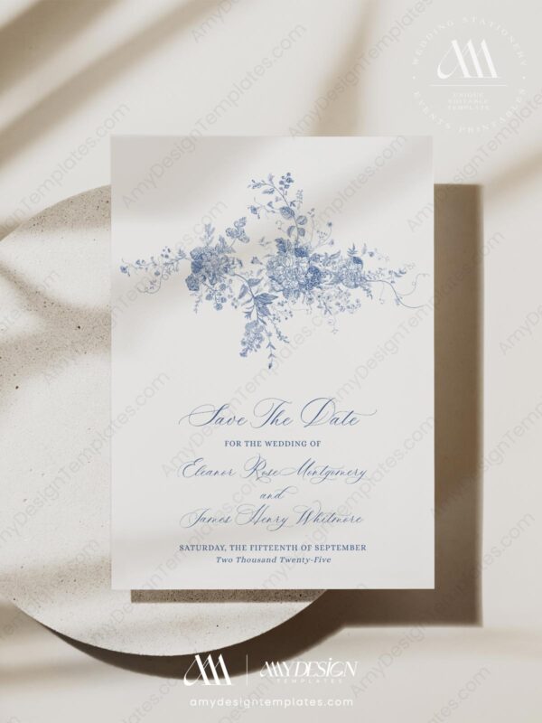Minimalist Save The Date Template | Blue Monogram Save The Date Cards Printable D015-2C