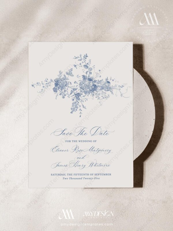Minimalist Save The Date Template | Blue Monogram Save The Date Cards Printable D015-2C