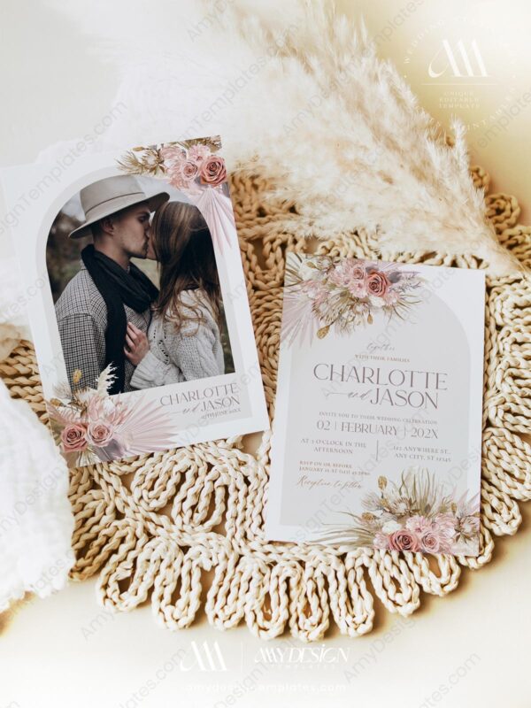 Pink Bohemian Wedding Invitations Set | Boho Wedding Template | Dusty Roses Pink Bohemian Wedding Invitations Set | Boho Wedding Template | Dusty Roses