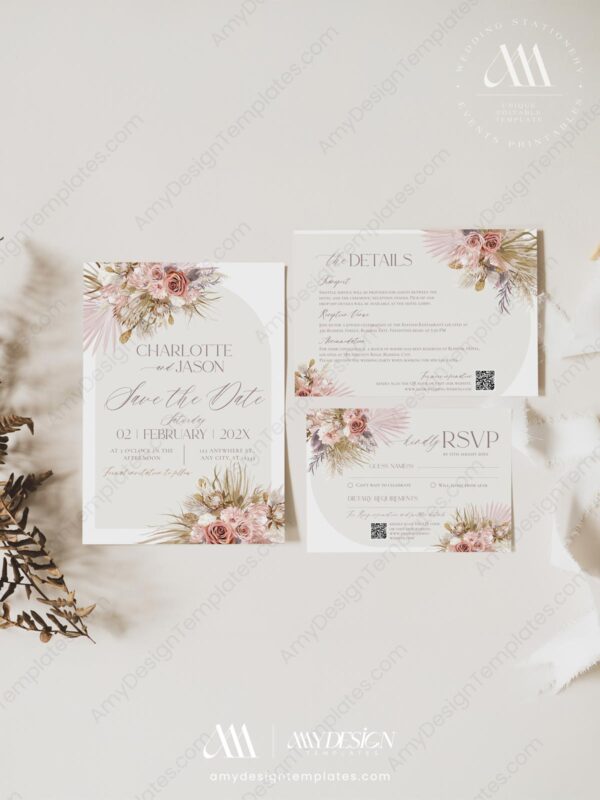 Pink Bohemian Wedding Invitations Set | Boho Wedding Template | Dusty Roses Pink Bohemian Wedding Invitations Set | Boho Wedding Template | Dusty Roses