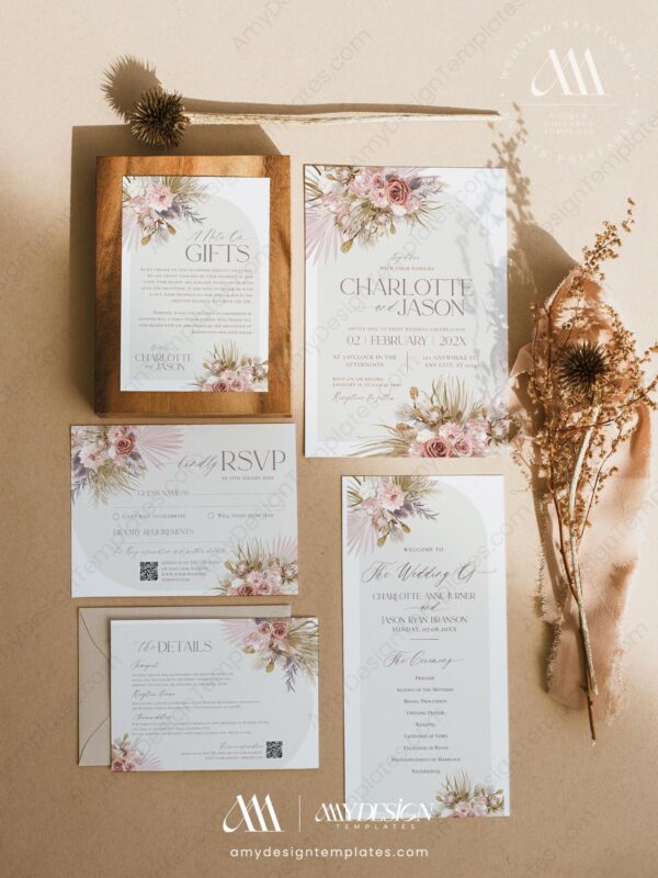 Pink Bohemian Signage Template | Printable Wedding Sign Bundle Pink Bohemian Wedding Invitations Set | Boho Wedding Template | Dusty Roses