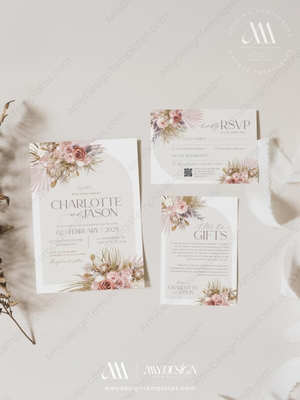 Pink Bohemian Wedding Invitations Set | Boho Wedding Template | Dusty Roses Pink Bohemian Wedding Invitations Set | Boho Wedding Template | Dusty Roses