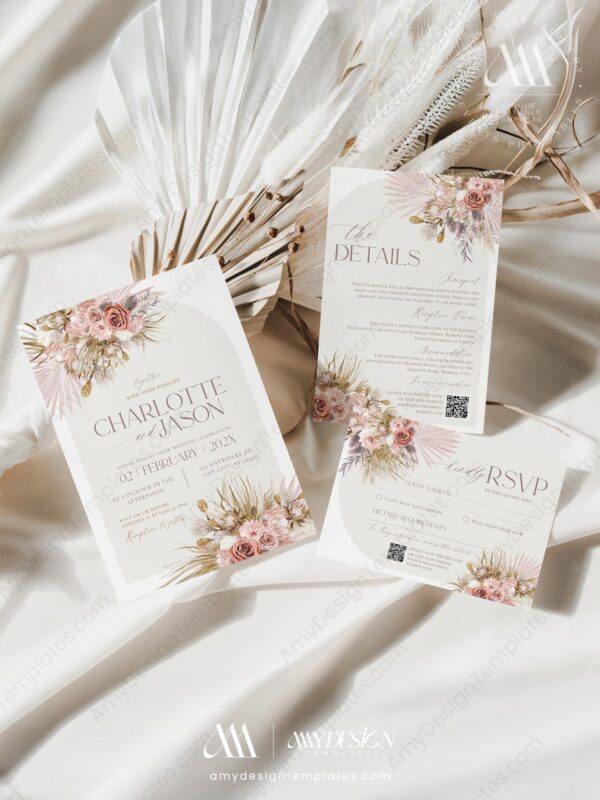 Pink Bohemian Wedding Invitations Set | Boho Wedding Template | Dusty Roses