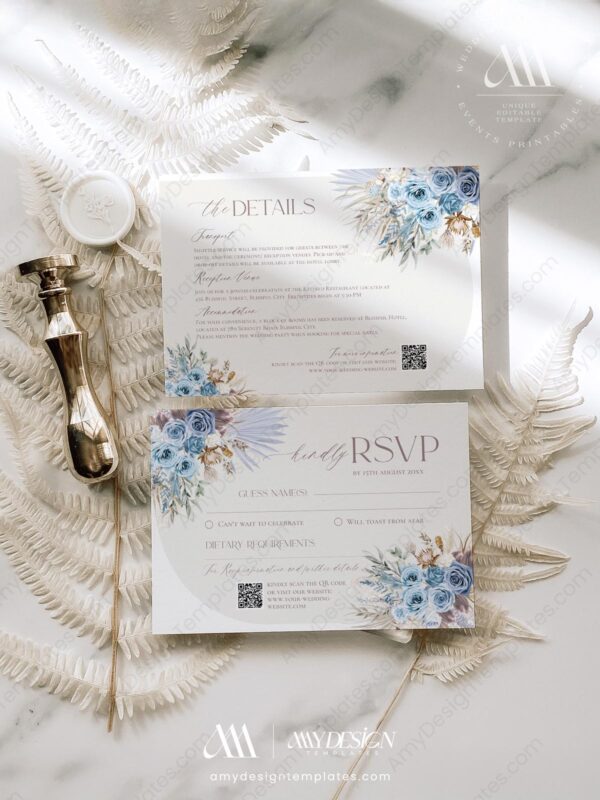 Dusty Blue Floral Wedding Invitation Template Set | Blue Wedding Invite Printable Dusty Blue Floral Wedding Invitation Template Set | Blue Wedding Invite Printable