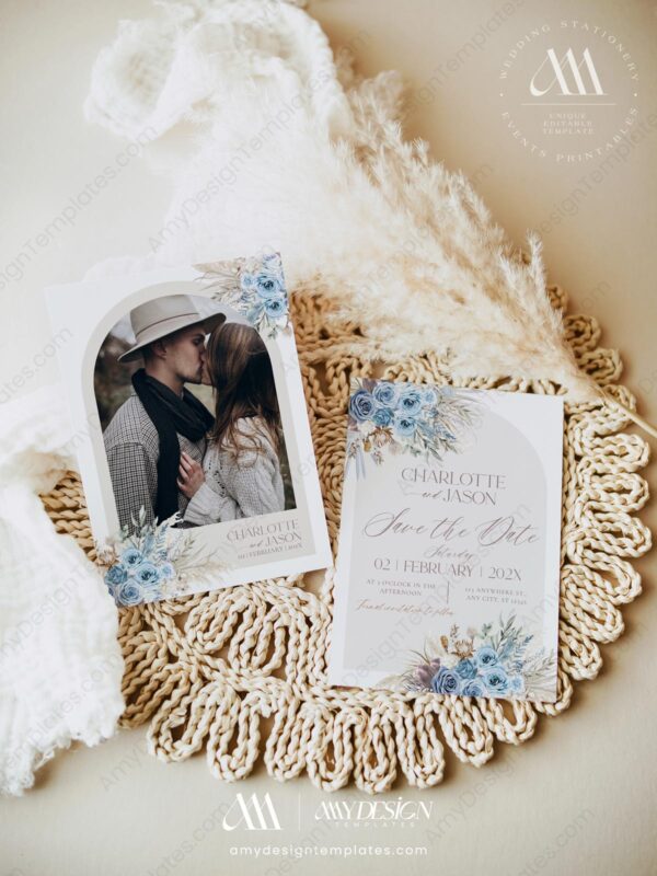 Dusty Blue Floral Wedding Invitation Template Set | Blue Wedding Invite Printable Dusty Blue Floral Wedding Invitation Template Set | Blue Wedding Invite Printable