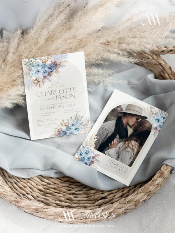 Dusty Blue Floral Wedding Invitation Template Set | Blue Wedding Invite Printable Dusty Blue Floral Wedding Invitation Template Set | Blue Wedding Invite Printable