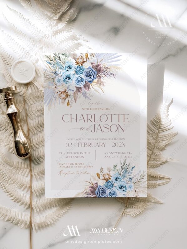 Dusty Blue Floral Wedding Invitation Template Set | Blue Wedding Invite Printable Dusty Blue Floral Wedding Invitation Template Set | Blue Wedding Invite Printable