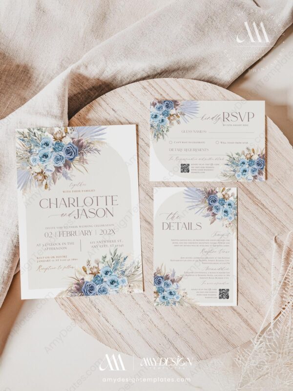 Dusty Blue Floral Wedding Invitation Template Set | Blue Wedding Invite Printable
