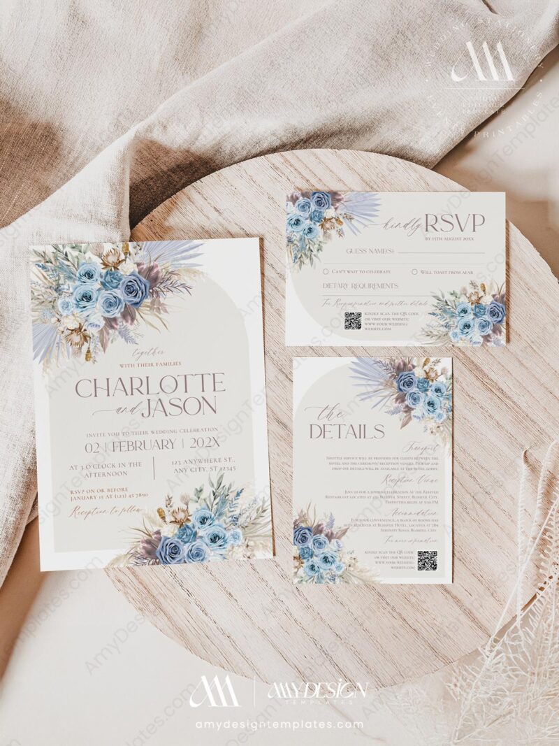 Blue Spring Invitations Dusty Blue Floral Wedding Invitation Template Set | Amy Design
