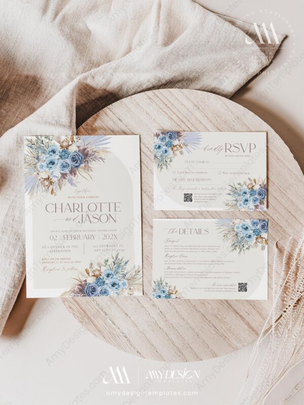 Dusty Blue Floral Wedding Invitation Template Set | Blue Wedding Invite Printable