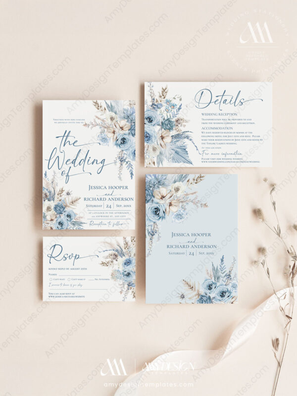 Dusty Blue Wedding Invitation Template Set | Boho Wedding Invite Dusty Blue Wedding Invitation Template Set | Boho Wedding Invite