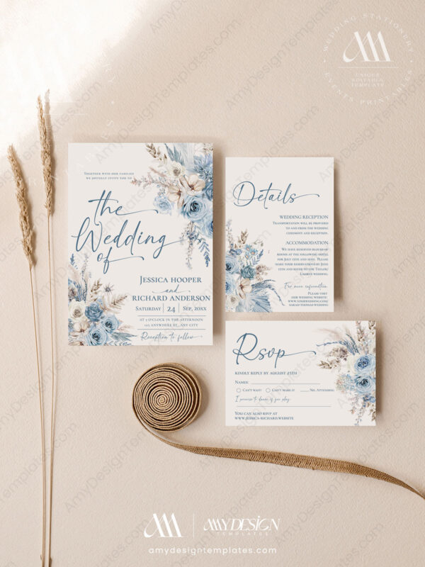Dusty Blue Wedding Invitation Template Set | Boho Wedding Invite Dusty Blue Wedding Invitation Template Set | Boho Wedding Invite