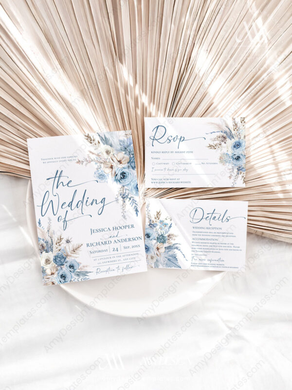 Blue Bohemian Wedding Template BUNDLE | 50+ Editable Dusty Blue Invitation Suite & Boho Signs 50+ Blue Bohemian Wedding Template BUNDLE | Dusty Blue Wedding Invitation Template Set