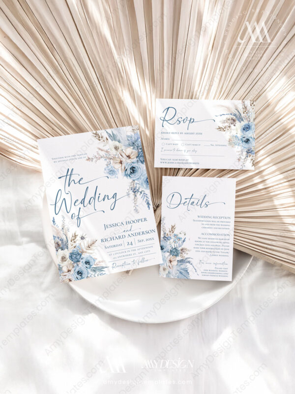 Boho Blue Wedding Signage Templates Bundle | Blue Wedding Reception Signs Printable Dusty Blue Wedding Invitation Template Set | Boho Wedding Invite