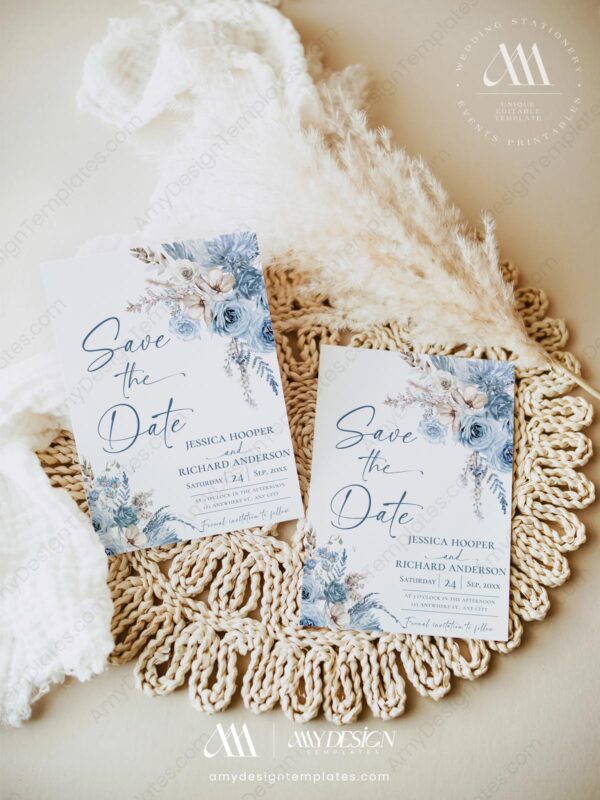 Dusty Blue Wedding Save The Date Template | Boho Save The Date Templates Dusty Blue Wedding Save The Date Template D018