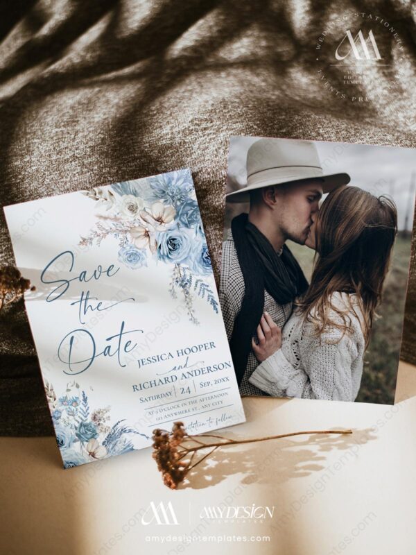 Dusty Blue Wedding Save The Date Template | Boho Save The Date Templates Dusty Blue Wedding Save The Date Template D018