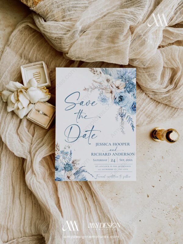 Dusty Blue Wedding Save The Date Template | Boho Save The Date Templates Dusty Blue Wedding Save The Date Template D018