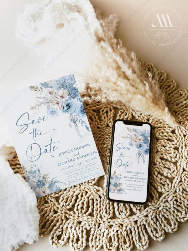 Dusty Blue Wedding Save The Date Template D018