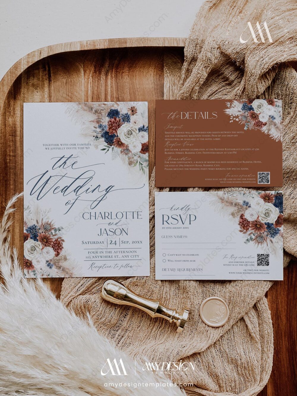 Chic Navy Blue Rust Wedding Invitation Template, Boho Wedding Invitation Sets With RSVP