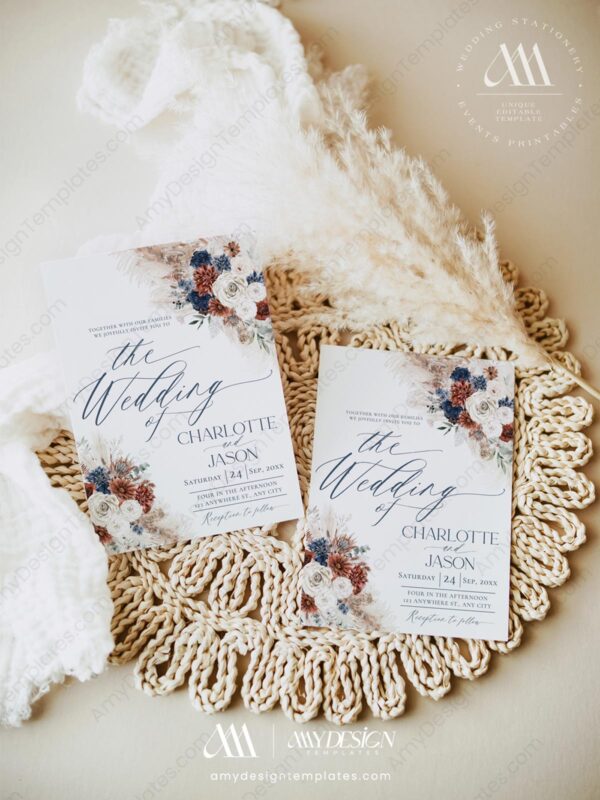 Boho Rust Navy Wedding Invitation Card Template | Fall Rustic Wedding Boho Rust Navy Wedding Invitation Card Template | Fall Rustic Wedding