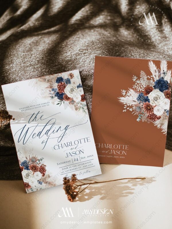 Boho Rust Navy Wedding Invitation Card Template | Fall Rustic Wedding Boho Rust Navy Wedding Invitation Card Template | Fall Rustic Wedding