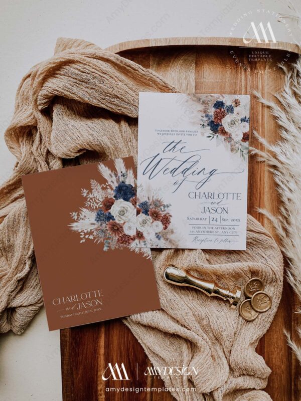 Boho Rust Navy Wedding Invitation Card Template | Fall Rustic Wedding