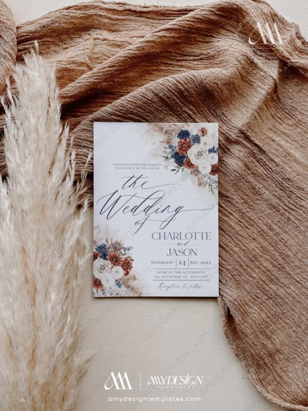 Boho Rust Navy Wedding Invitation Card Template | Fall Rustic Wedding