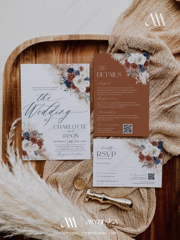 Navy Rust Wedding Invitation Suite Template | Terracotta Wedding Set | Navy Burnt Orange Wedding