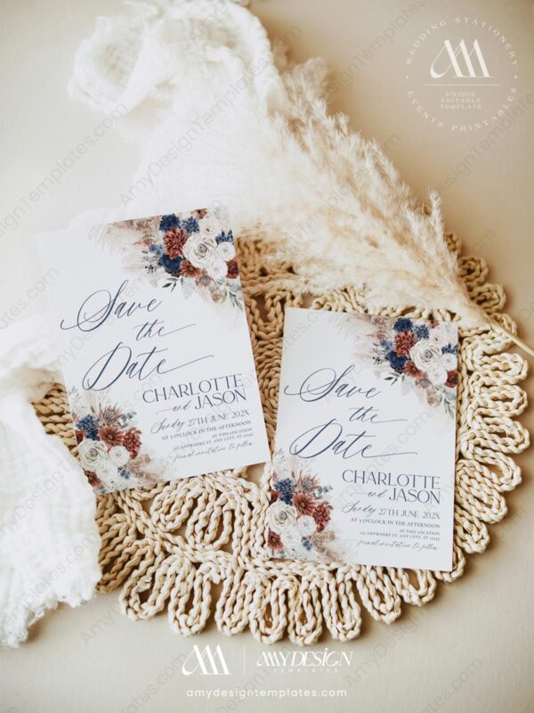 Boho Navy Rust Save The Date Template | Rustic Wedding Save The Date with Photo Boho Navy Rust Save The Date Template D019-05