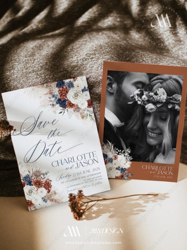Boho Navy Rust Save The Date Template | Rustic Wedding Save The Date with Photo Boho Navy Rust Save The Date Template D019-05