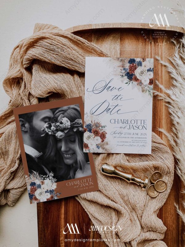 Boho Navy Rust Save The Date Template | Rustic Wedding Save The Date with Photo Boho Navy Rust Save The Date Template D019-05